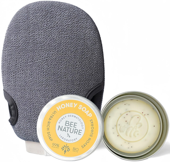 Bee Nature - Peeling Handschuh Grau & Seife Stück mit Seifenschale - Bio-Honig - Feuchtigkeitsspende