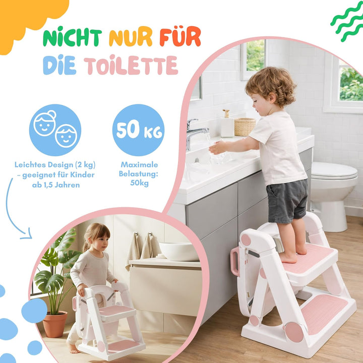 Toilettensitz Kinder mit Treppe Rosa ab 1,5 Jahren - 2-in-1 Toilettentreppe für Jungen und Mädchen -