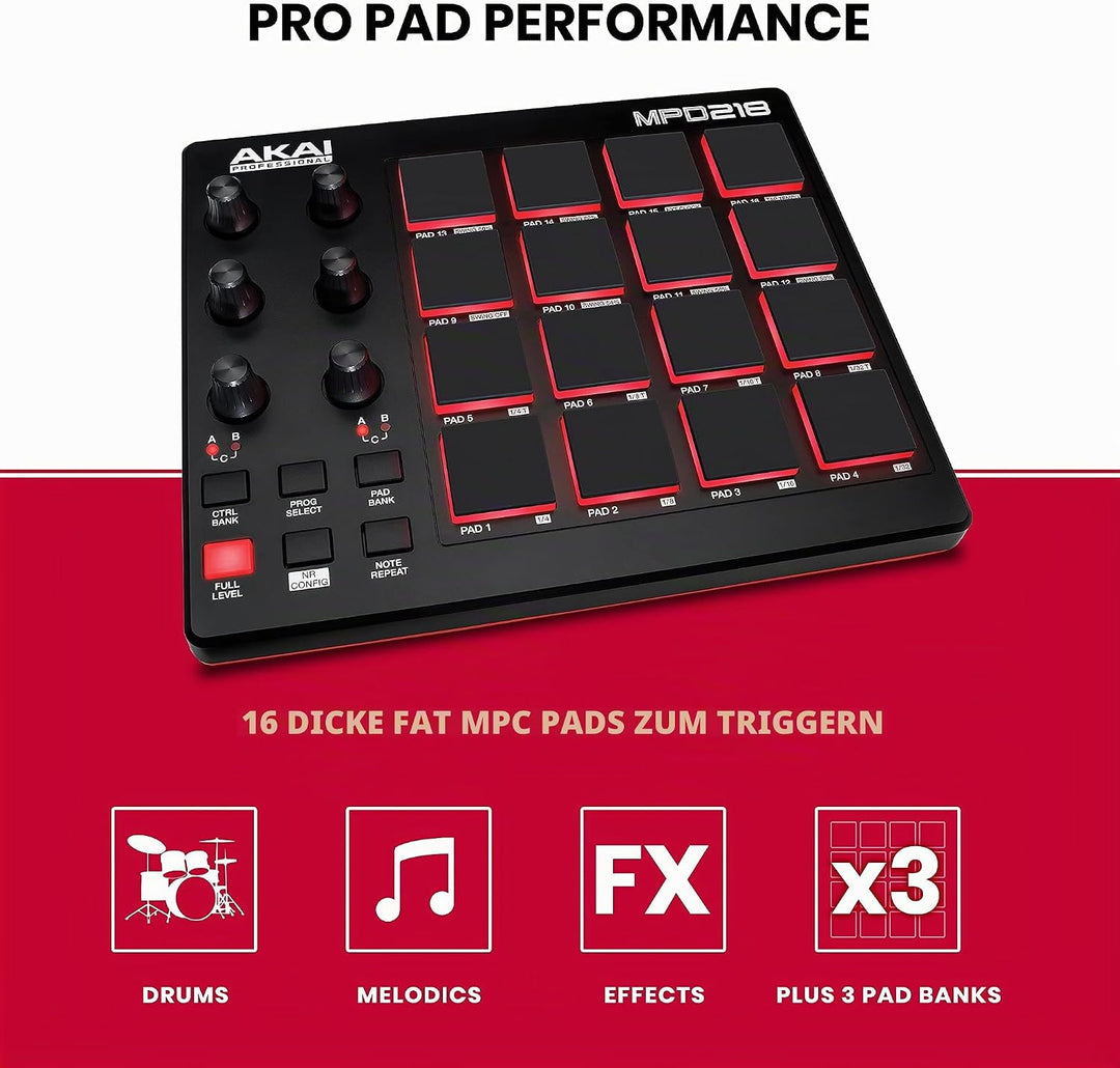 AKAI Professional MPD218 - MIDI Pad Controller, Drum Pad Machine, Beat Maker mit 16 Pads &amp; AKAI Prof