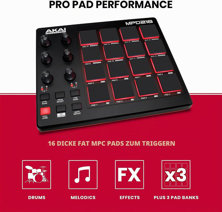 AKAI Professional MPD218 - MIDI Pad Controller, Drum Pad Machine, Beat Maker mit 16 Pads &amp; AKAI Prof