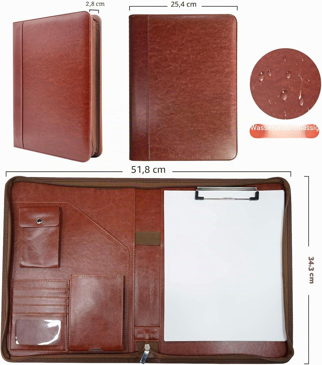 NEWYES Konferenzmappe, mit Reissverschluss, Leder, A4, für Reise, Personal-Organizer, Braun, Braun