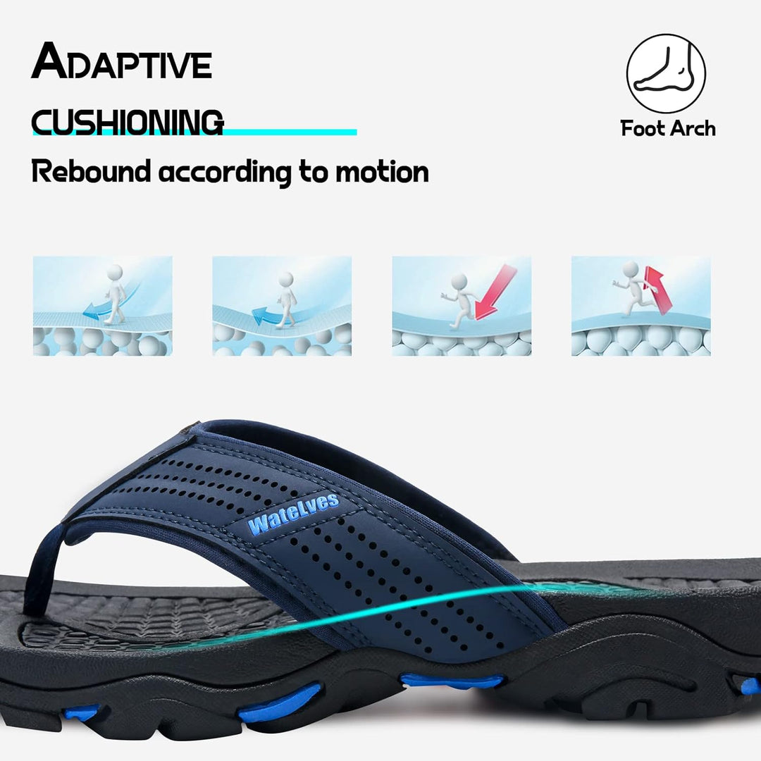 WateLves Herren Flip Flops Zehentrenner Leder mit Arch Support Sandalen Weich Leder Stoff Badelatsch