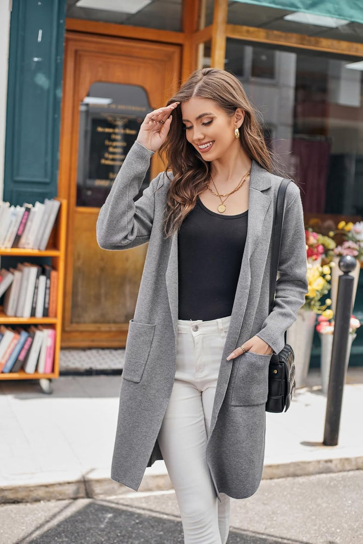 GRACE KARIN Damen Offene Lang Strickmantal Mittellang Anzug-Stil Revers Casual Strickjacke Pullover