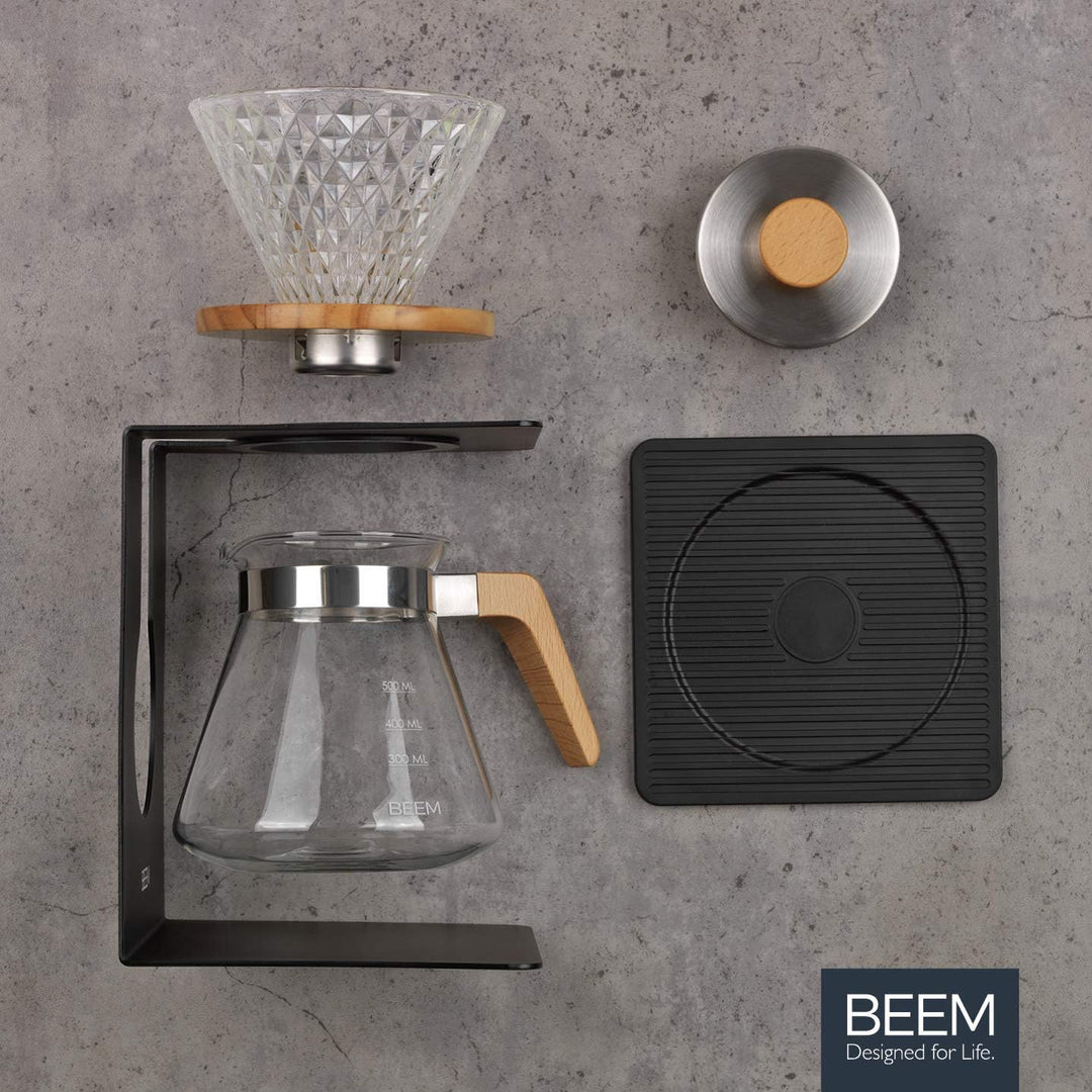 BEEM POUR OVER Kaffeebereiter Set - 4 Tassen | Glas-Handfilter in Diamantoptik (Grösse 2), 0,5 l Gla
