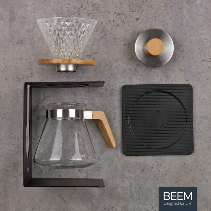 BEEM POUR OVER Kaffeebereiter Set - 4 Tassen | Glas-Handfilter in Diamantoptik (Grösse 2), 0,5 l Gla