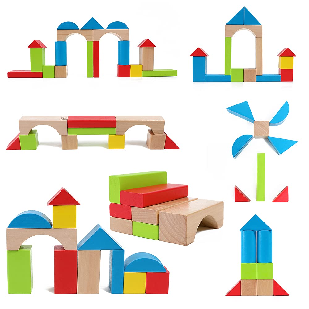Hape Bunte Holzbausteine für Kinder Holzbausteine-Set zum Stapeln Lernspielzeug für Kleinkinder, 50