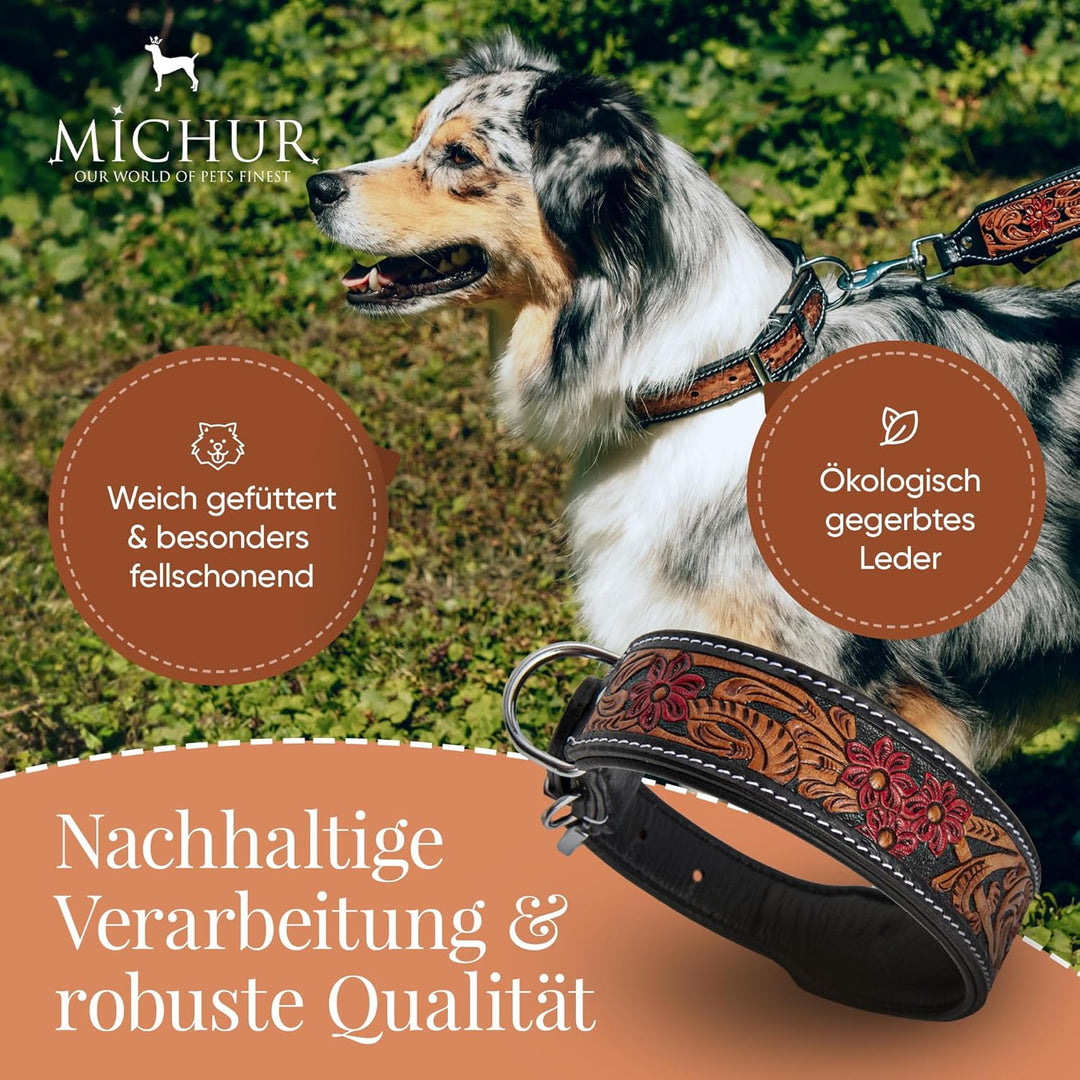 MICHUR Flora Hundehalsband Leder, Lederhalsband Hund, Halsband, SCHWARZ Rot Braun, Leder, mit roten