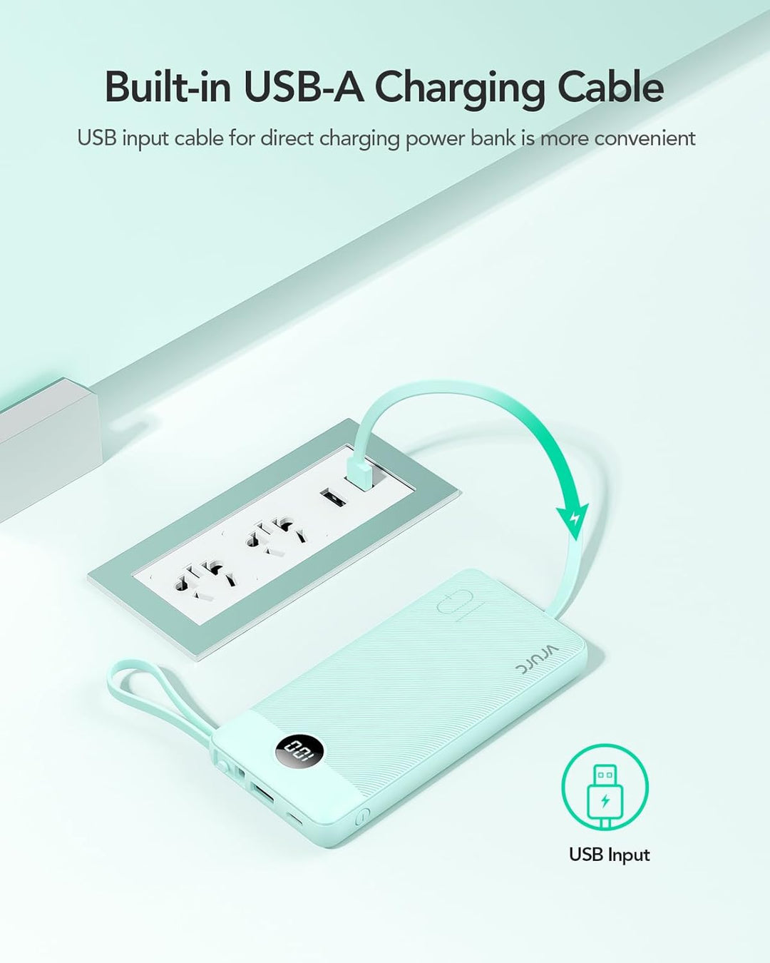 VRURC Powerbank mit Kabel 10000mAh Power Bank Tragbares Ladegerät USB C Externer Handy Akkus LED Dis