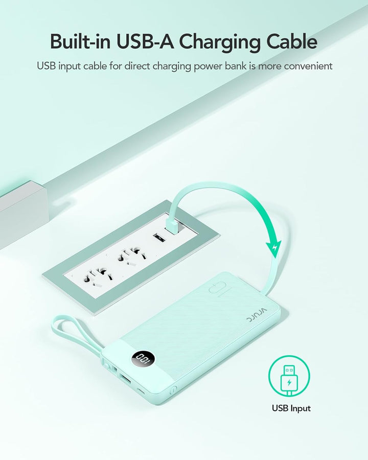 VRURC Powerbank mit Kabel 10000mAh Power Bank Tragbares Ladegerät USB C Externer Handy Akkus LED Dis