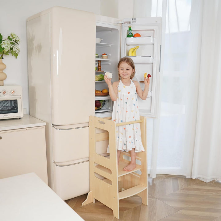 Montessori Lernturm mit Kreidetafel &amp; 3-stufig höhenverstellbar – 2-in-1 Küchenhelfer aus Holz für K