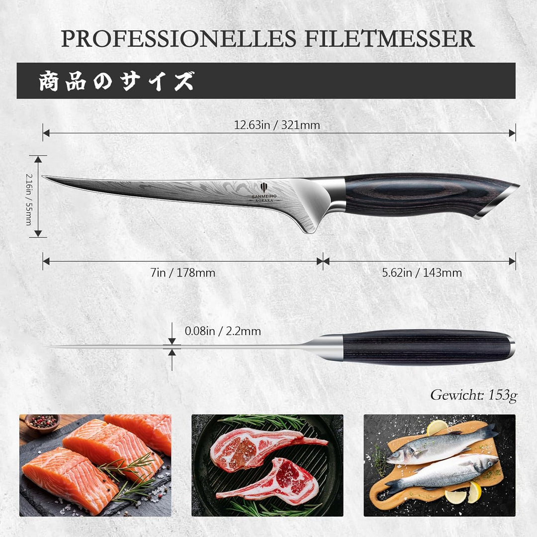 SANMEIHO Filetiermesser aus Pulverstahl, Japanisches Filetiermesser Fisch 18cm, Professionelles Fisc