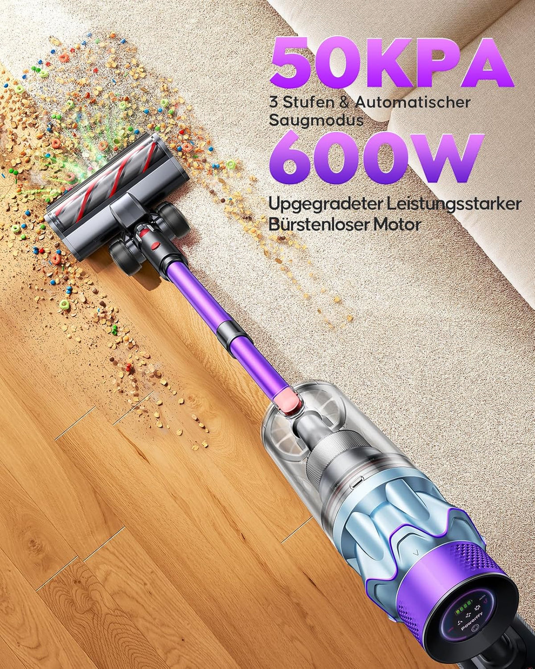 Akku Staubsauger 600W/50kPa/65Min, Staubsauger Kabellos mit 1M Schlauch, Aromatherapie, Wandladestat
