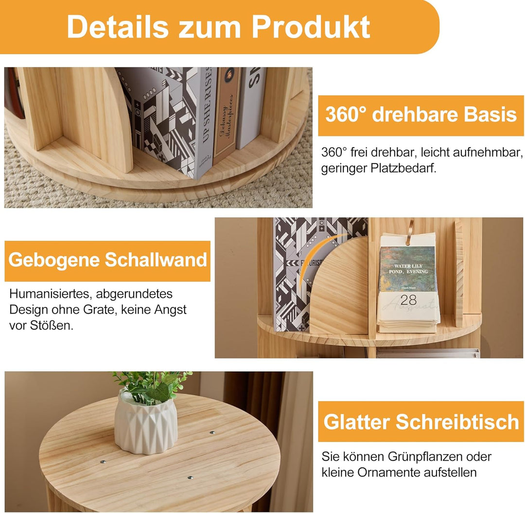 Mingone Bücherregal Kinder 360° Drehbar, 2-Ebenen Drehregal aus Massivholz, Standregal & Schreibtisc