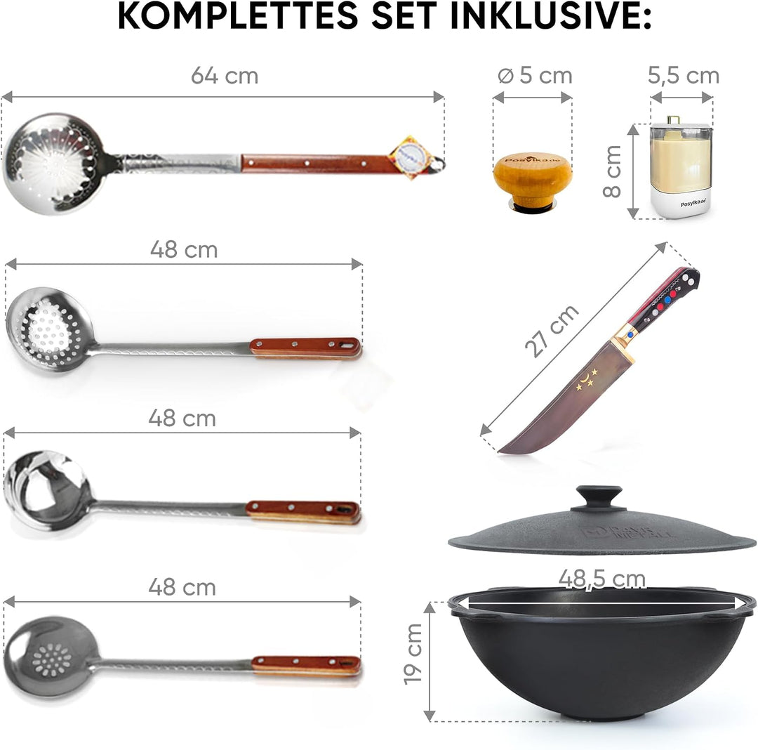 Kazan Gusseisen Kasan22 L flacher Boden Messer Schaumlöffel | Authentisches usbekisches Kasan Set (2