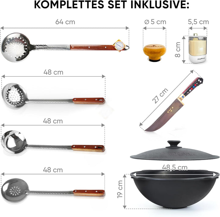 Kazan Gusseisen Kasan22 L flacher Boden Messer Schaumlöffel | Authentisches usbekisches Kasan Set (2
