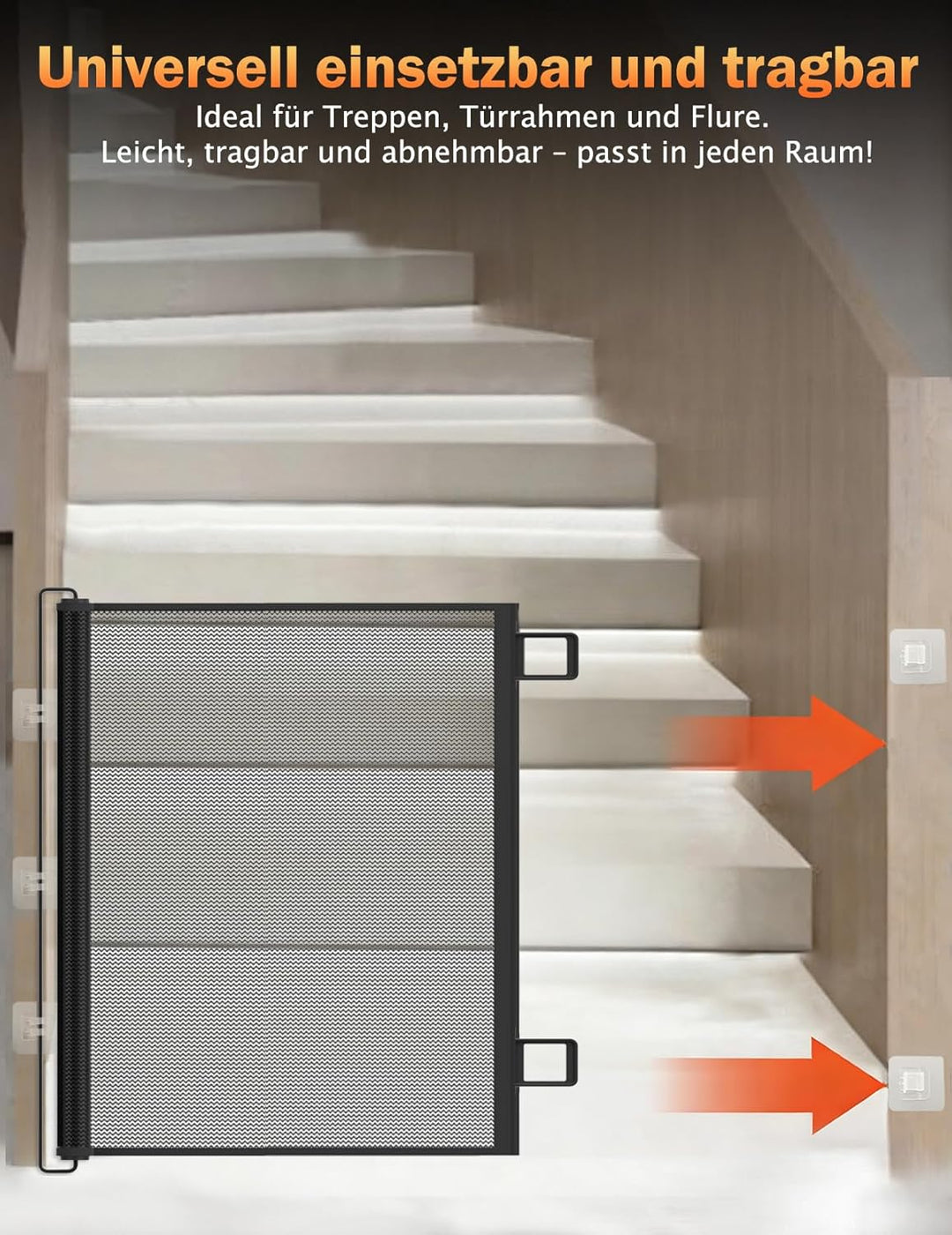 Treppenschutzgitter, Ausziehbares Sicherheitsgitter 78 cm Hoch, Automatische Aufrollfunktion, Strapa
