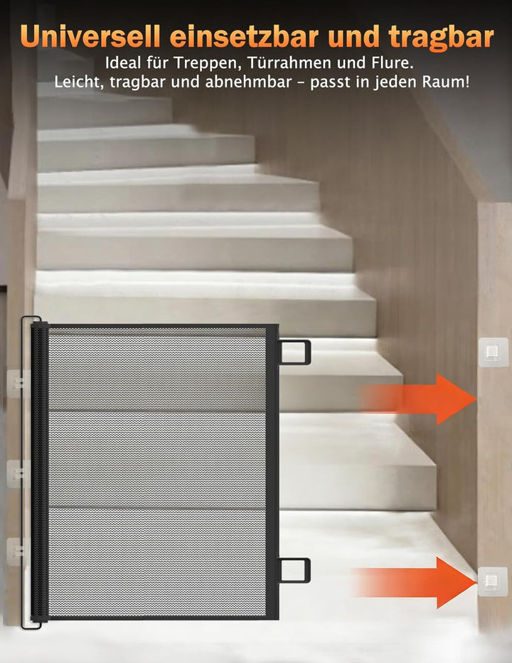 Treppenschutzgitter, Ausziehbares Sicherheitsgitter 78 cm Hoch, Automatische Aufrollfunktion, Strapa