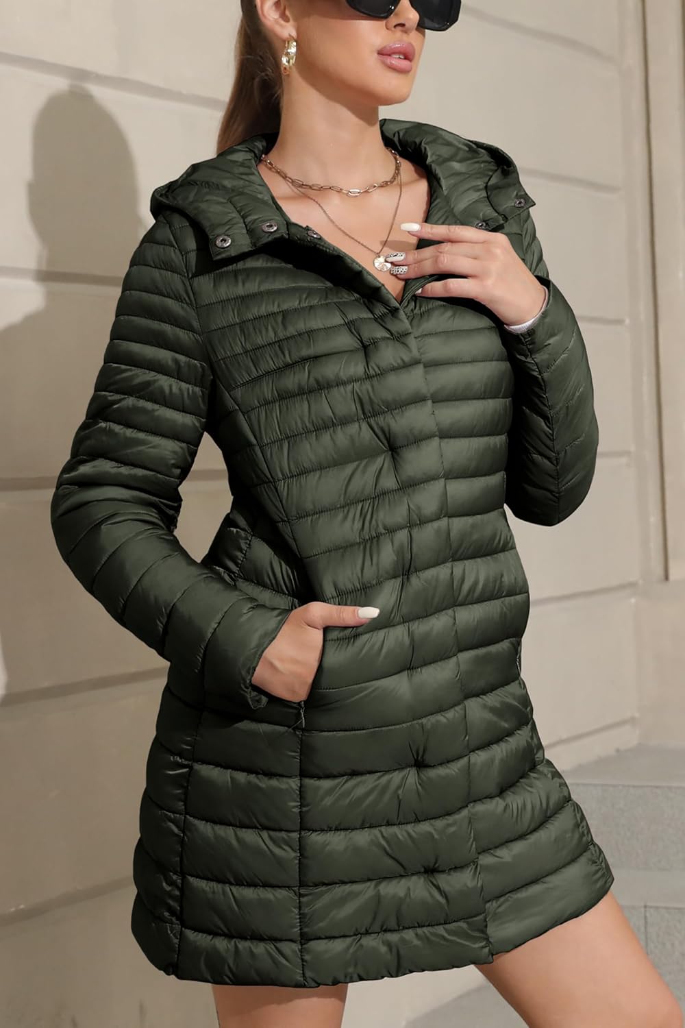 Geschallino Damen Grosse Grössen Gesteppt Leicht Winter Lang Steppmantel mit Kapuze (XL-5XL) XXL Grü