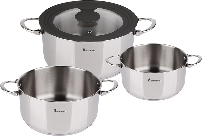 MasterPRO Foodies - Küchenbatterie - 4 -Stück -Set mit 4, 20 und 24 cm Pfannen und Glasdeckel - Herg