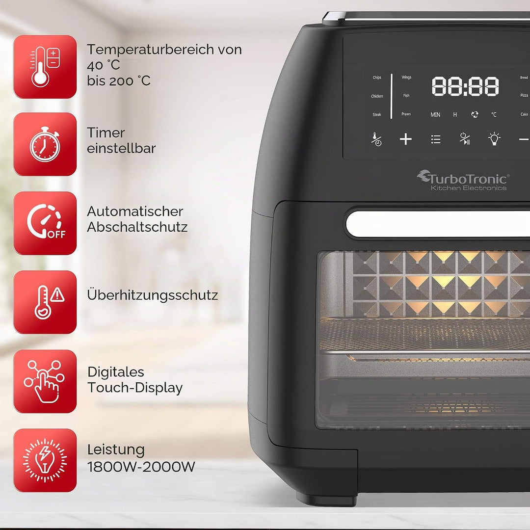 TurboTronic Heissluftfritteuse XXL 12L – Digitale Airfryer & Dörrautomat mit 12 Programmen, Fettfrei
