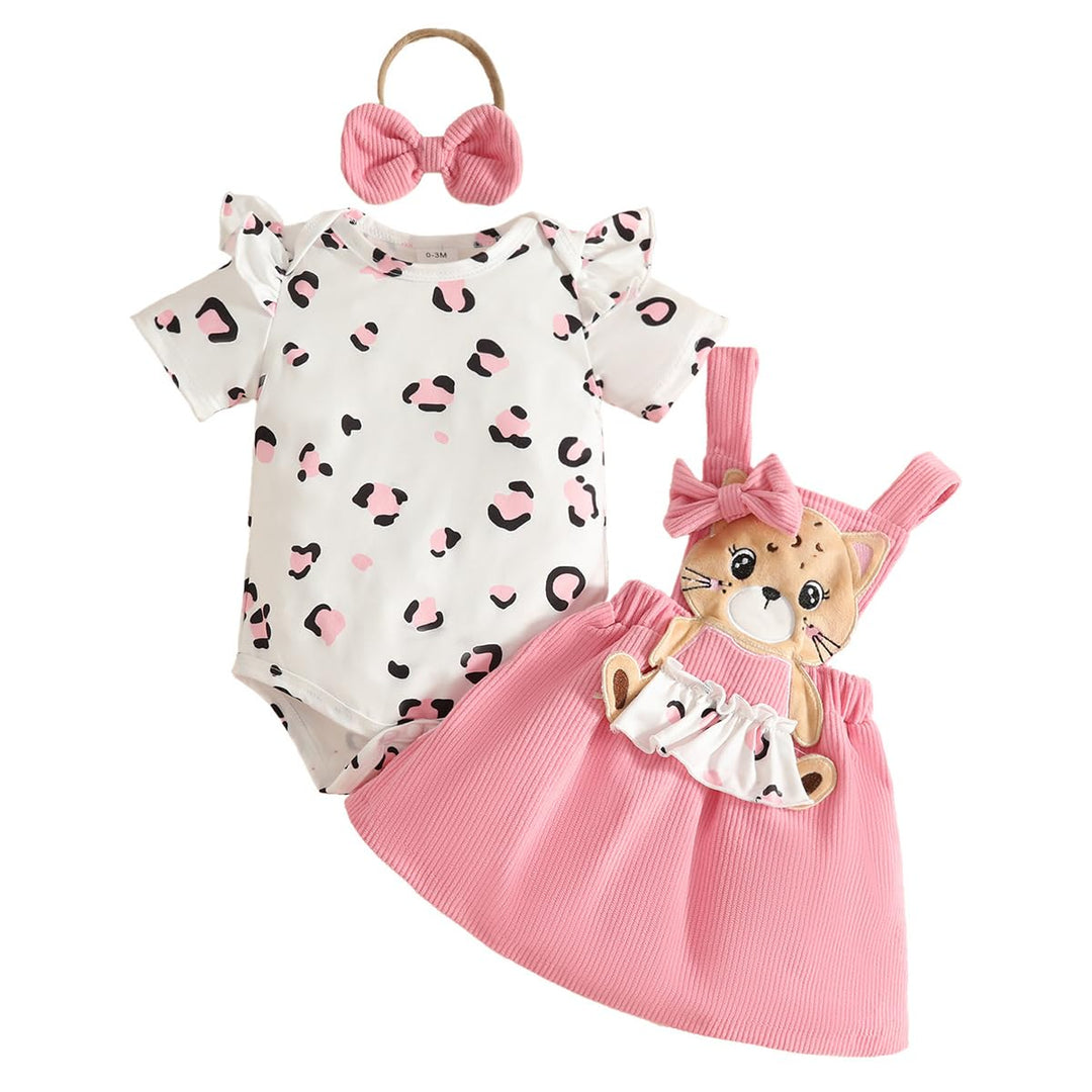 Neugeborenes Baby Mädchen Röcke Sets Kurzarm Rüschen Top + Bedrucktes Overalls Hosenträger Kleid + S