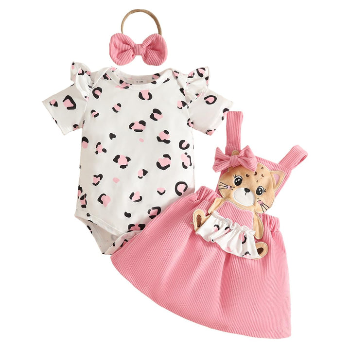 Neugeborenes Baby Mädchen Röcke Sets Kurzarm Rüschen Top + Bedrucktes Overalls Hosenträger Kleid + S