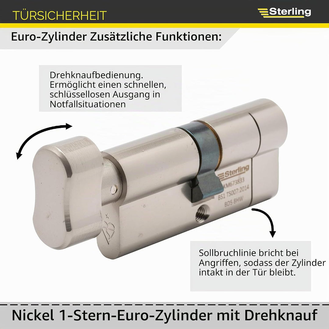 Sterling Int Ext BS1 ETN4040 Knaufzylinder, satiniertes Nickel, innen 40 mm, aussen 50 mm (90 mm ins