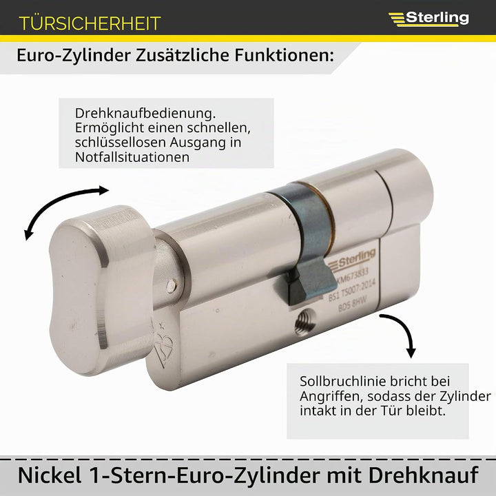 Sterling Int Ext BS1 ETN4040 Knaufzylinder, satiniertes Nickel, innen 40 mm, aussen 50 mm (90 mm ins