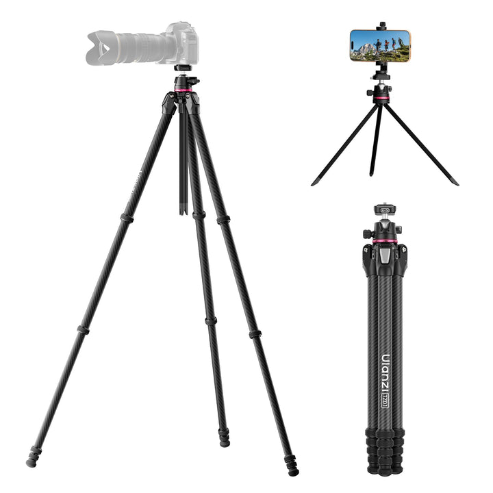 ULANZI TZ01 Carbon Stativ Kamera 160cm, Abnehmbare Mittelachse als Mini Stativ, 360° Kugelkopf mit H