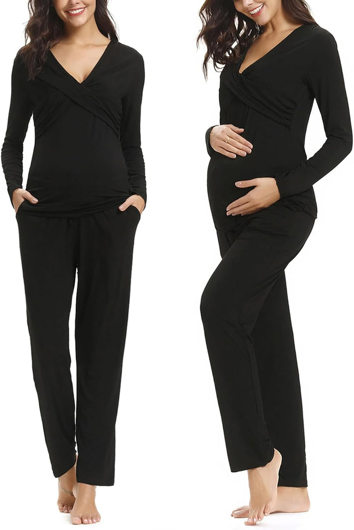 Irdcomps Stillpyjama Damen Lang Stillschlafanzug Baumwolle Umstandspyjama Lang Schwangerschaft Pyjam