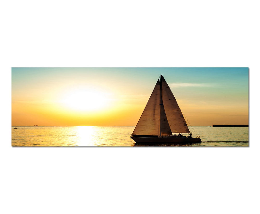 Paul Sinus Art Panoramabild auf Leinwand und Keilrahmen 150x50cm Meer Segelboot Silhouette Sonnenunt