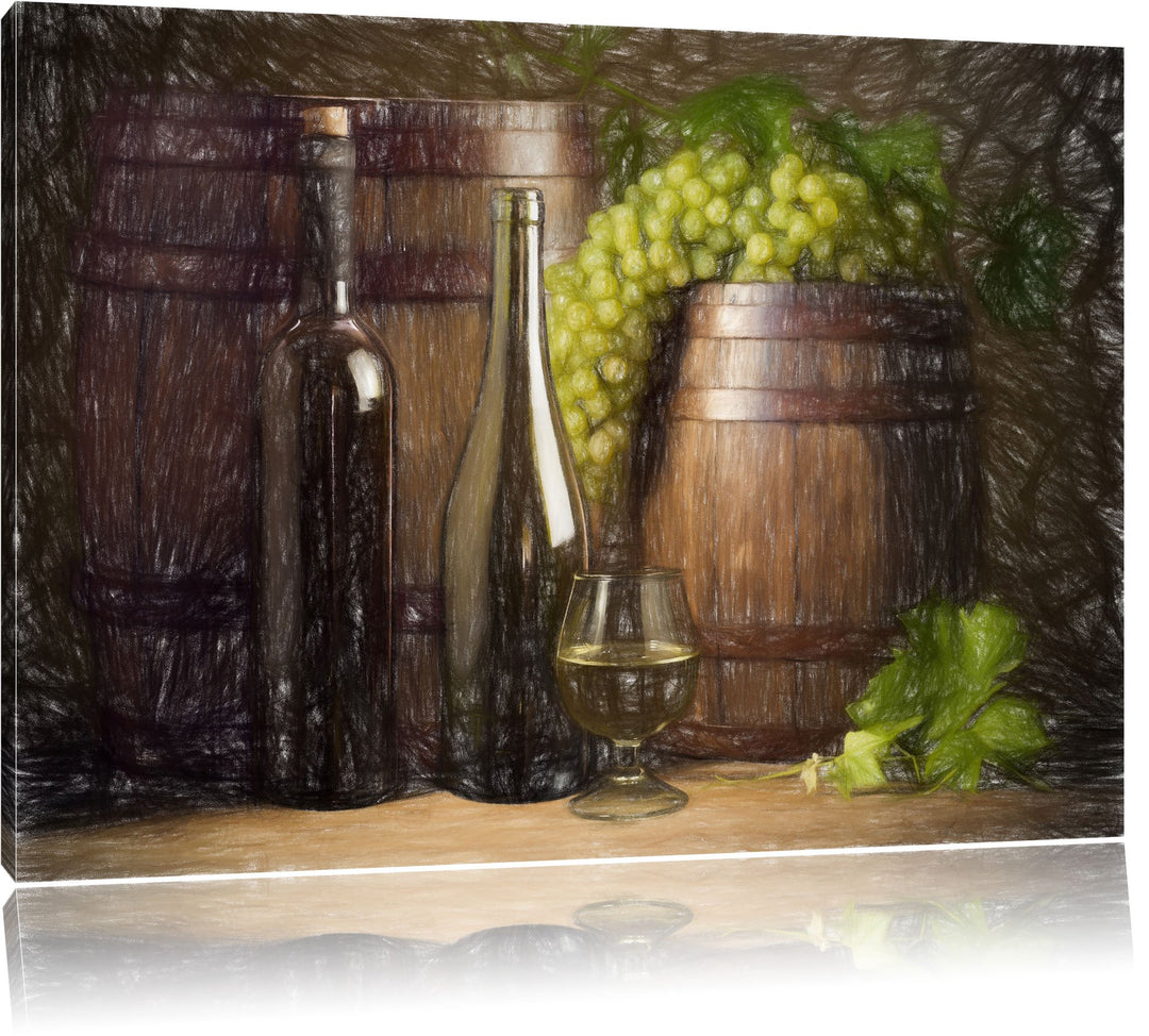 Pixxprint Fässer mit Weintrauben und Wein als Leinwandbild/Grösse: 100x70 cm/Wandbild/Kunstdruck/fer