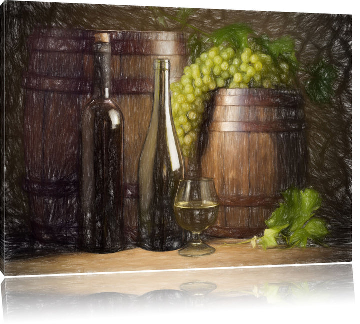 Pixxprint Fässer mit Weintrauben und Wein als Leinwandbild/Grösse: 100x70 cm/Wandbild/Kunstdruck/fer