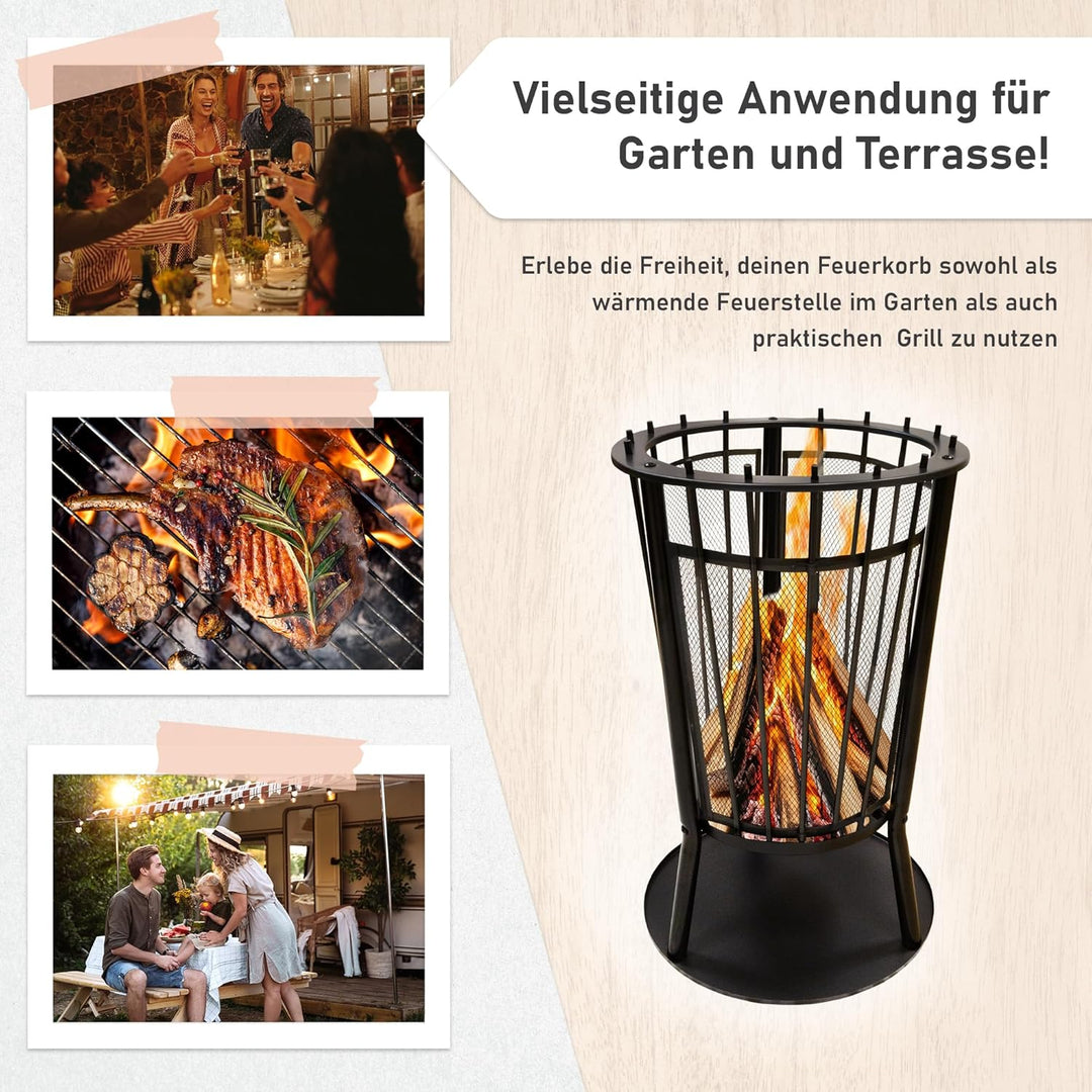 Lemodo Feuerkorb mit Grillgitter – Robuste Feuerstelle für Garten & Terrasse, Feuerkorb mit Funkensc