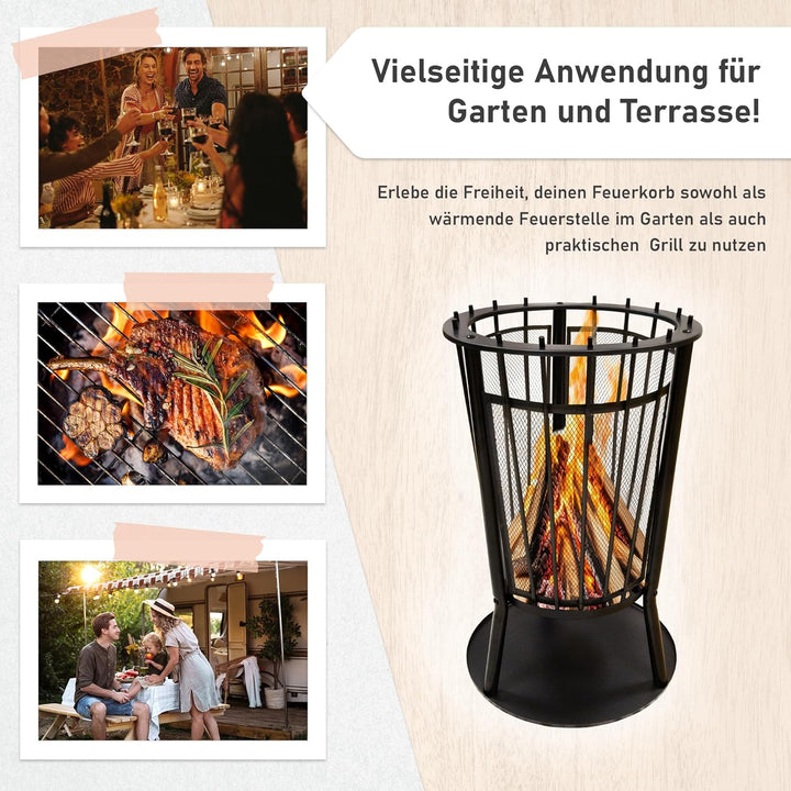 Lemodo Feuerkorb mit Grillgitter – Robuste Feuerstelle für Garten & Terrasse, Feuerkorb mit Funkensc