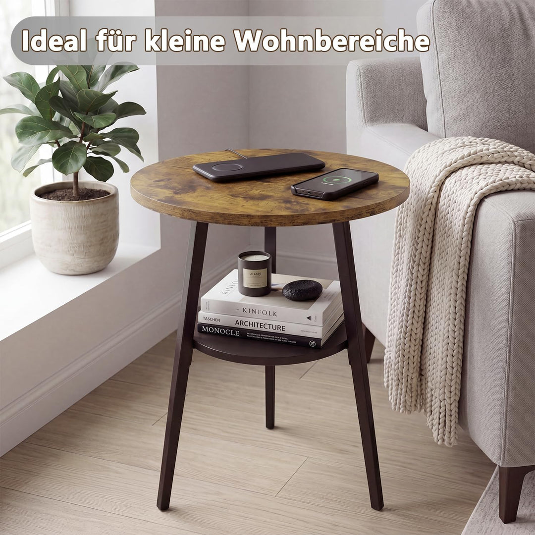 Beistelltisch Rund, Couchtisch Klein mit 2 Etagen, Runder Holz Beistelltisch im Vintage Stil, Rustik