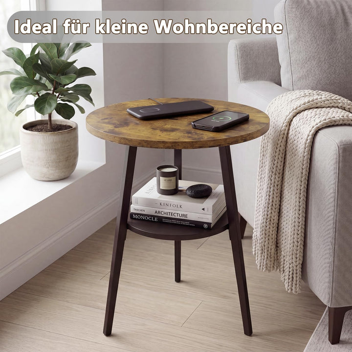 Beistelltisch Rund, Couchtisch Klein mit 2 Etagen, Runder Holz Beistelltisch im Vintage Stil, Rustik