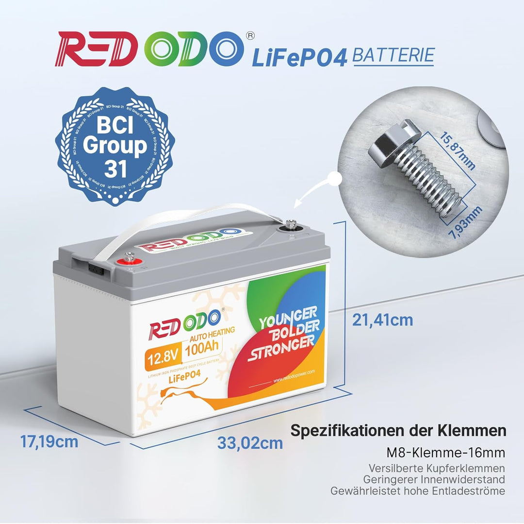 Redodo 2024 Verbesserte selbstheizende 12V 100Ah LiFePO4-Batterie, integriertes 100A BMS mit Heizung