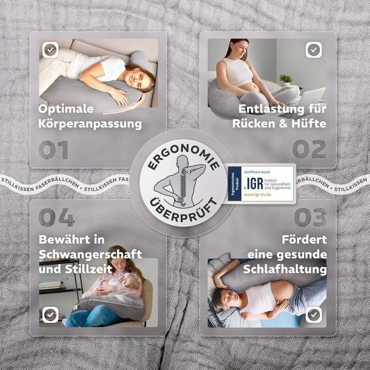 sei Design XXL Stillkissen 190 cm x 35 cm mit Musselin-Bezug ergonomisch. Schwangerschaftskissen Sei