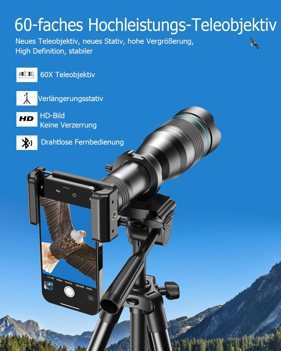 60X HD-Telefon-Teleobjektiv mit 110-cm-Stativ und Fernauslöser, Teleobjektiv für Mobiltelefone, funk
