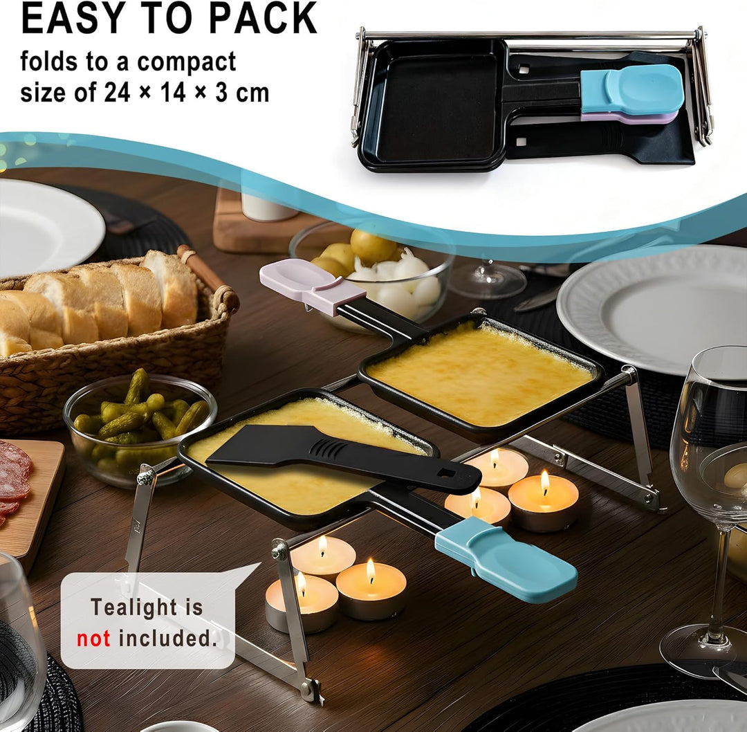 Tragbares Mini Raclette Set für 2 Personen, 2 Antihaft Pfännchen Blau & Pink, 2 Nylon Spatel, Klappb