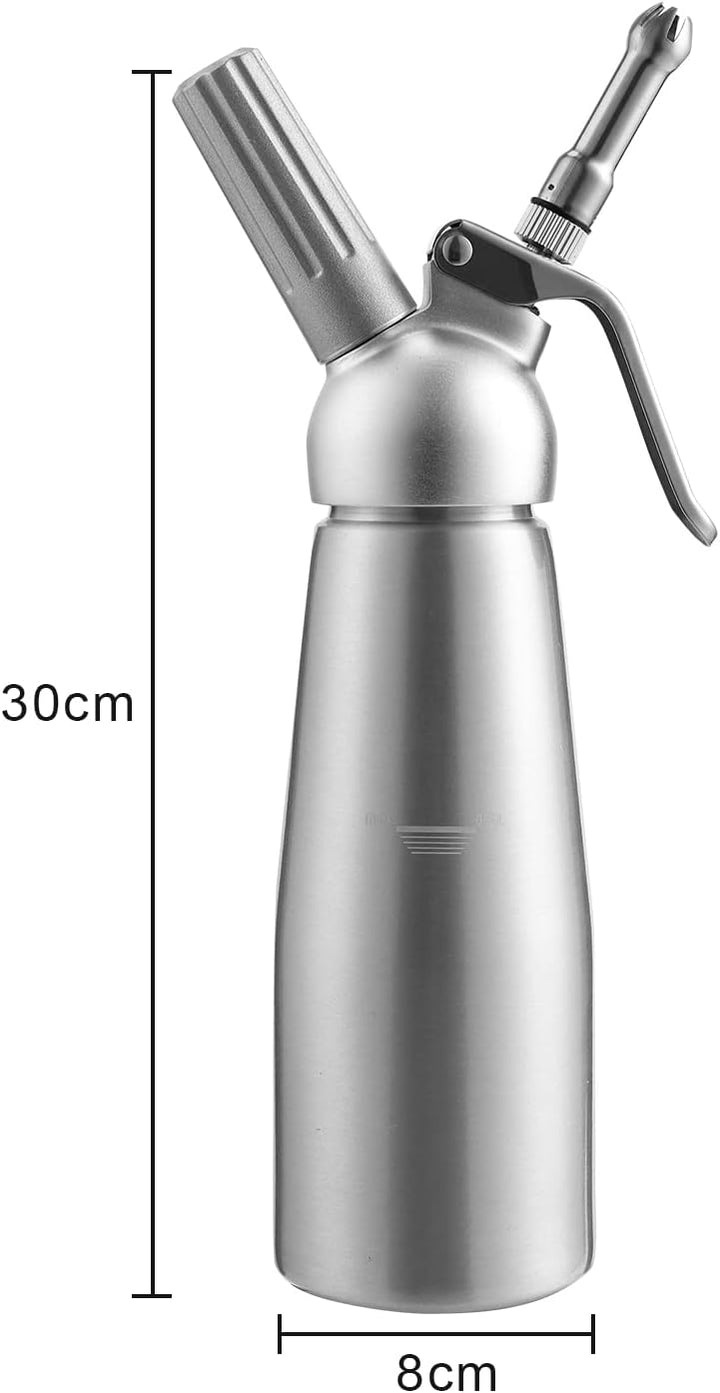 Yakimz Sahnespender Aluminium/Edelstahl Sahnesyphon, 0,5 L Mit 3 Edelstahl Deko-Düsen und Reinigungb