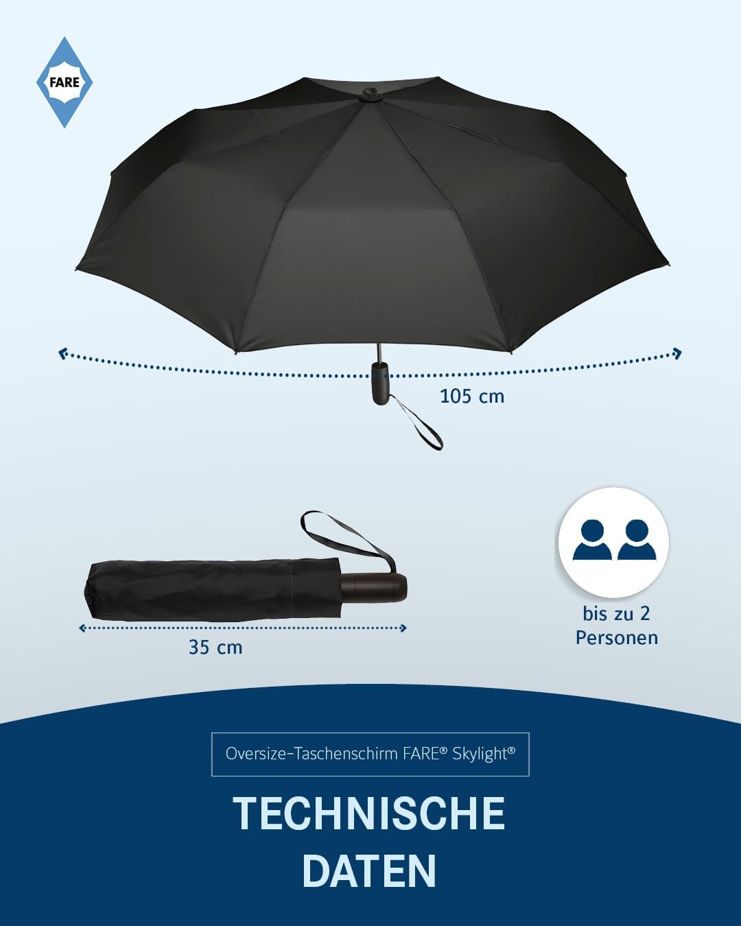 FARE Oversize-Taschenschirm Skylight (schwarz) - Effektvoller Regenschirm mit LED-Innenbeleuchtung u