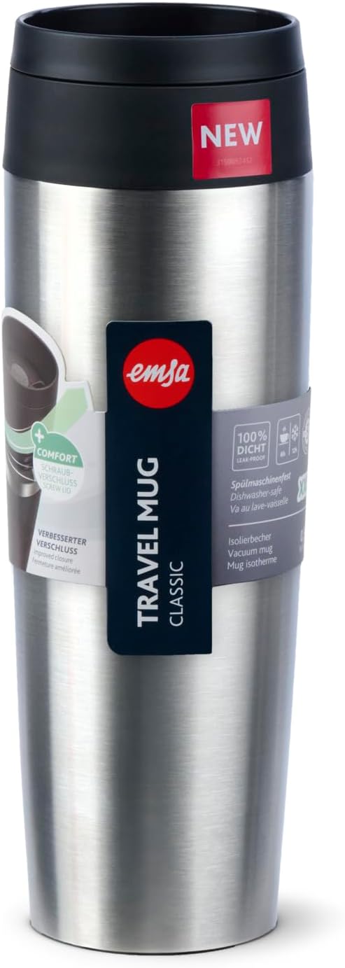Emsa N20219 Travel Mug Classic Isolierbecher 0,5 Liter | neuer Komfort-Schraubverschluss | Edelstahl