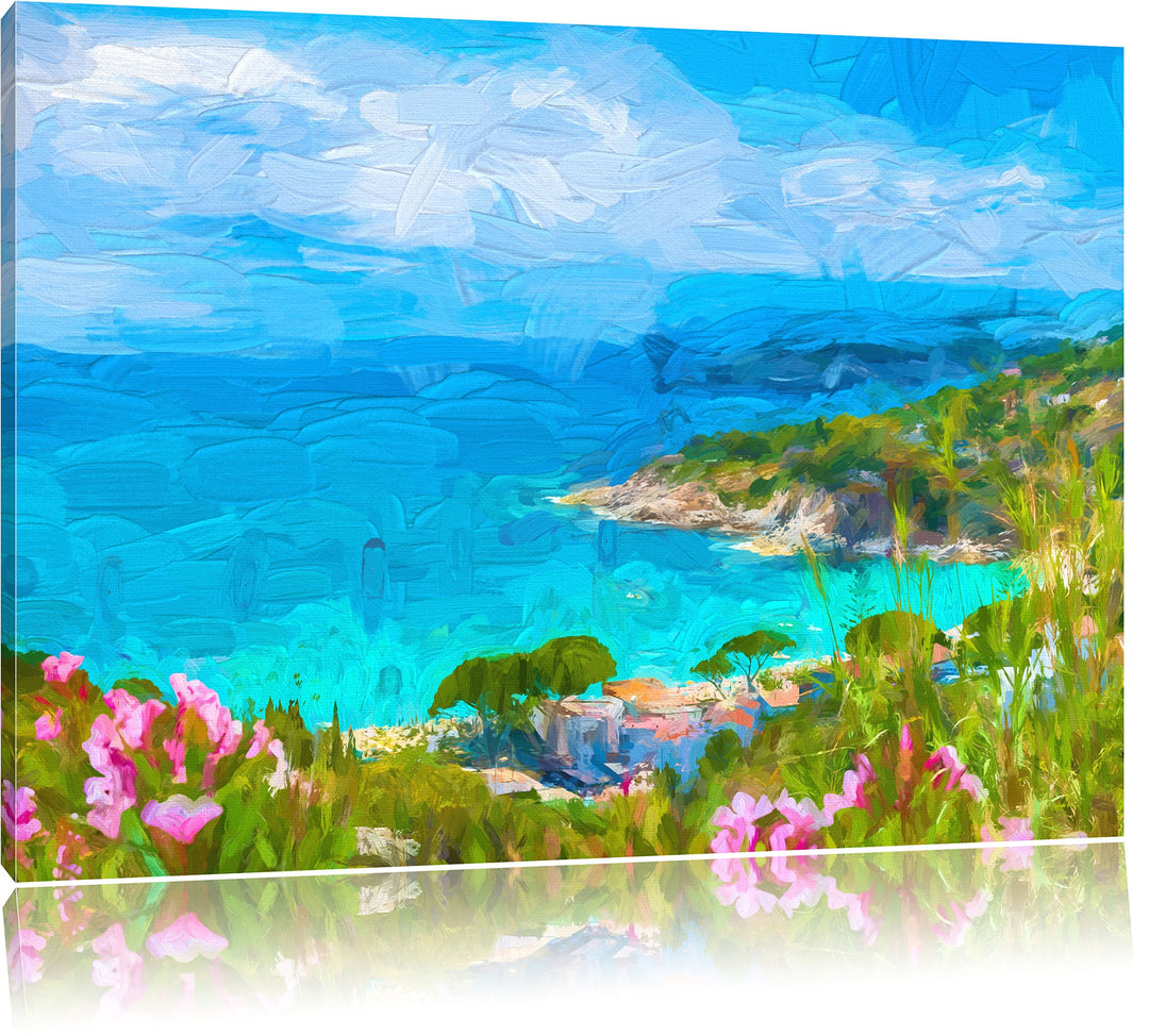 Pixxprint Panorama an der Toskana / 100x70cm Leinwandbild bespannt auf Holzrahmen/Wandbild Kunstdruc
