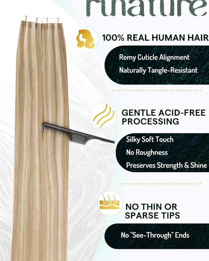 RUNATURE Tape in Extensions Braun Blond 55cm Echthaar Extensions Tape in 50g Tape Extensions Echthaa