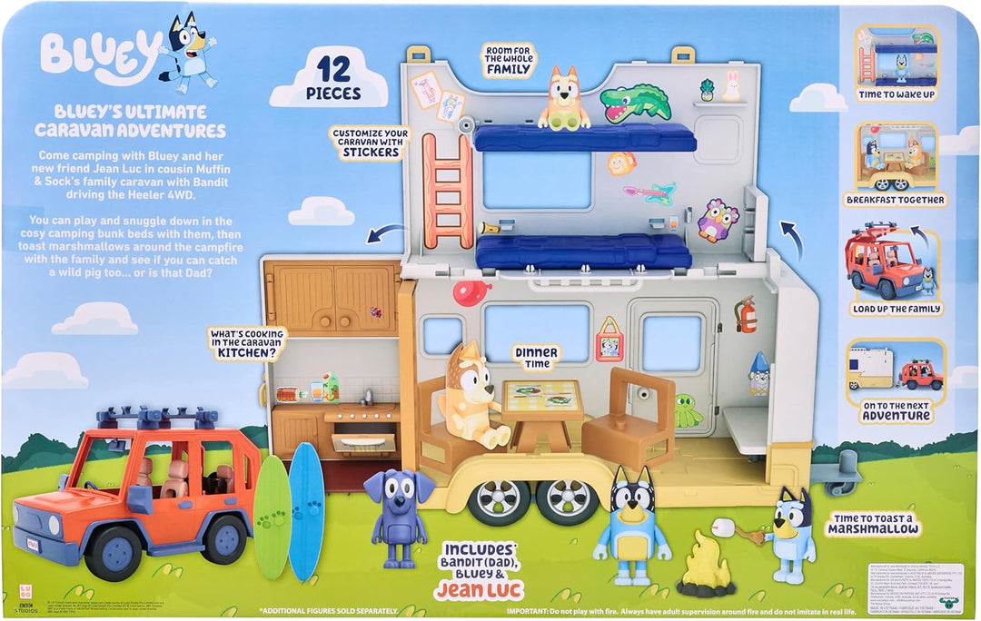 Bluey Ultimate Caravan Adventures Caravan-Set und DREI Figuren von 6,3 cm bis 7,6 cm und 4WD Familie