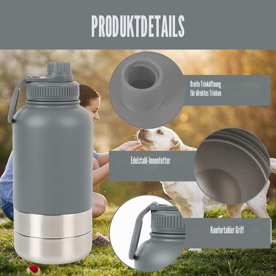 Trinkflasche Hunde für Unterwegs 950ml – Isolierte Edelstahl Hundetrinkflasche Wasserflasche mit Fut