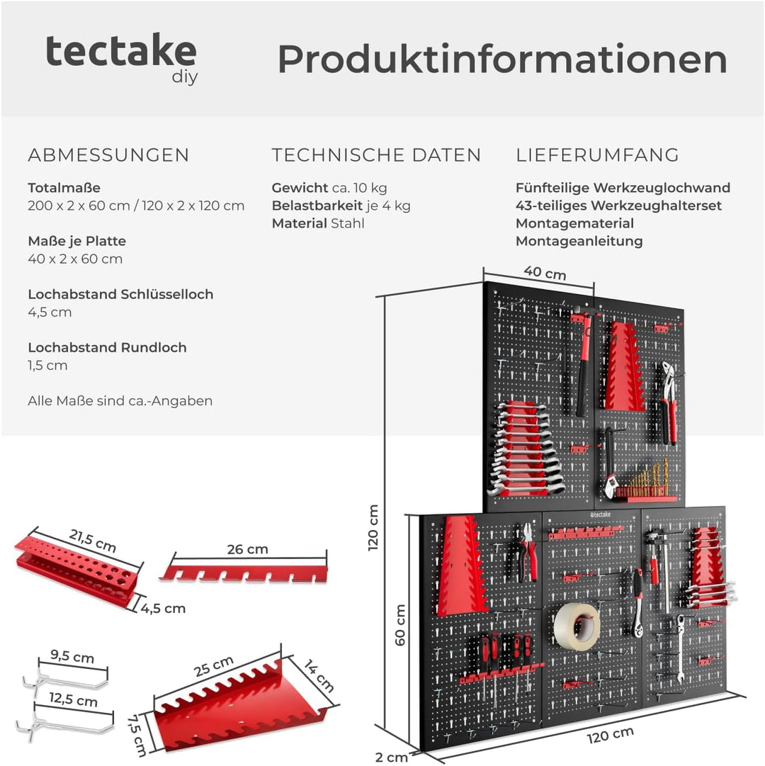 tectake® Werkzeug Lochwand aus Metall, 200 x 60 x 2 cm, Werkzeugwand Lochplatte, inkl. Werkzeughalte