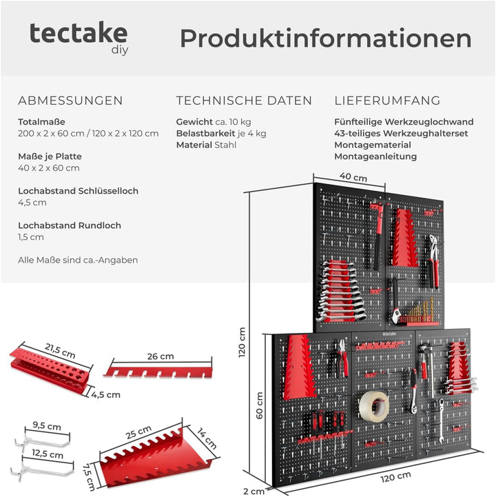 tectake® Werkzeug Lochwand aus Metall, 200 x 60 x 2 cm, Werkzeugwand Lochplatte, inkl. Werkzeughalte